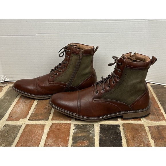 Steve Madden Brown Combat Boots Faux Leather Canvas Lace-Up‎ Zip Ankle Men\'s 13